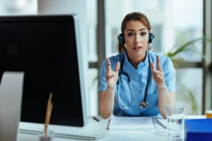 healthcare expert wearing headset while working call center giving instructions patients 1